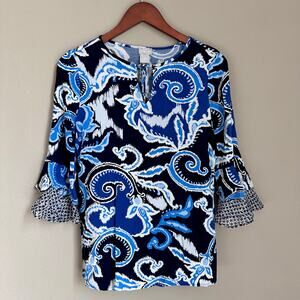 Chico’s Blue Paisley Ikat Print Rayon Top Bell Sleeve Boho Peasant Blouse XS